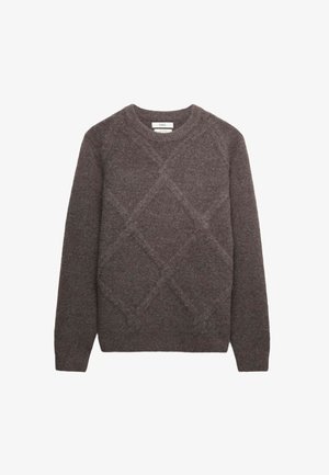 Suéter de punto gris oscuro con patrón de diamante, mangas largas, escote en cuello redondo y puños y dobladillo acanalados.