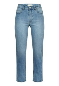 Ljust blå, högmidjade jeans med rak bendesign. Tillverkade av denim, med fem fickor och en klassisk knappstängning.