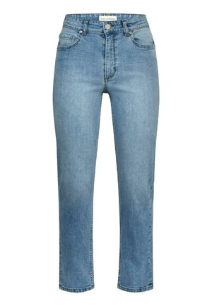 Šviesiai mėlynos, aukštu liemeniu džinsai su tiesia koja. Pagaminti iš džinsinio audinio, turi penkias kišenes ir klasikinį mygtuko užsegimą.