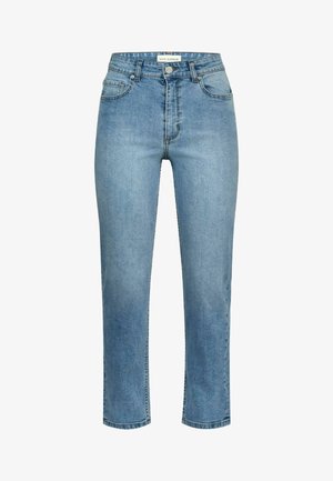 Vaaleansiniset, korkeat farkut suoran lahkeen muotoilulla. Valmistettu deniinistä, viidellä taskulla ja klassisella napituksella.