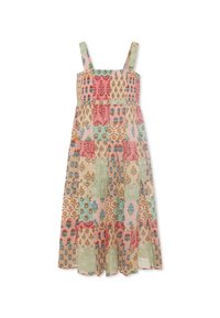 Robe à motifs floraux avec un mélange de patchs roses, verts et bleus. Bretelles et corsage froncé avec une silhouette fluide. Matériau en coton.
