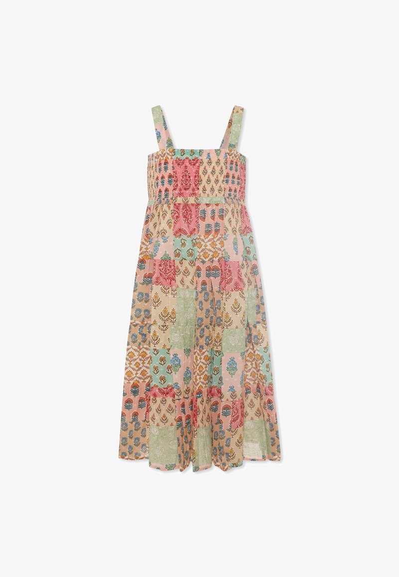 Bloemenpatroon jurk met een mix van roze, groen en blauwe vlekken. Schouderbanden en een gerimpelde lijfje met een vloeiende silhouette. Van katoen.