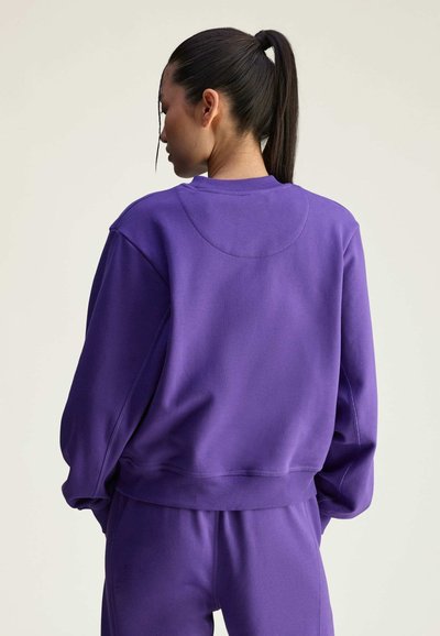 Paarse sweatshirt met een ontspannen pasvorm, ronde hals en verlaagde schoudernaden. Zacht katoenmateriaal met ribbels bij de mouwen en onderrand.