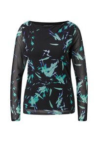 Schwarzes Langarmoberteil mit floralem Muster in Grüntönen und Blau, aus transparentem Stoff und mit einem Boot-Ausschnitt.