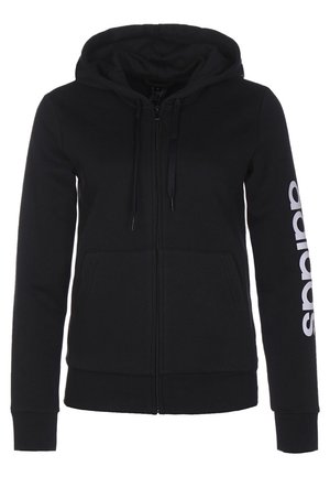 Zwarte hoodie met rits, voorzakken, trekkoord in de capuchon en witte "adidas"-tekst verticaal gedrukt op de rechtermouw.