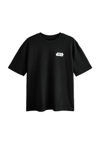 Tricou din bumbac negru cu mâneci scurte, având un logo alb "STAR WARS" pe piept, guler rotund și tiv drept.