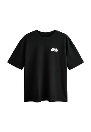 Sort bomuld t-shirt med korte ærmer, der har et hvidt "STAR WARS" logo på brystet, rund halsudskæring og retlinet nederste kant.