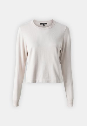 Světle růžový svetr s dlouhým rukávem, kulatým výstřihem, žebrovanými cuffy a spodním lemem, měkká textura, uvolněný střih, minimalistický design, bez vzorů a ozdob.