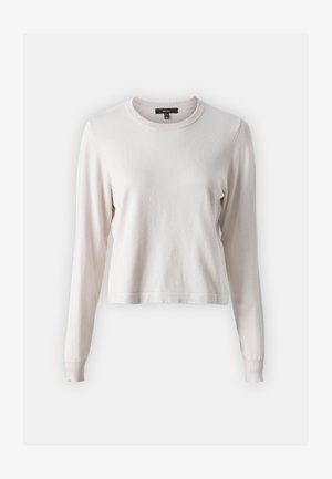 Απαλή ροζ μακριά μπλούζα με μακριά μανίκια, στρογγυλή λαιμόκοψη, ριγέ μανσέτες και τελείωμα, μαλακή υφή, άνετη εφαρμογή, μινιμαλιστικός σχεδιασμός, χωρίς σχέδια ή διακοσμήσεις.