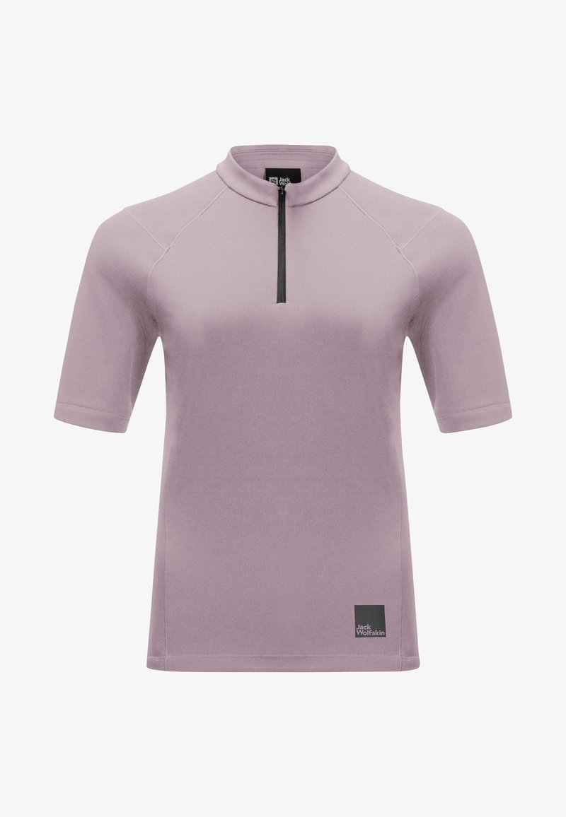 Short-sleeve pullover in light purple with a quarter zip. Features a smooth texture and logo tag on the bottom left.