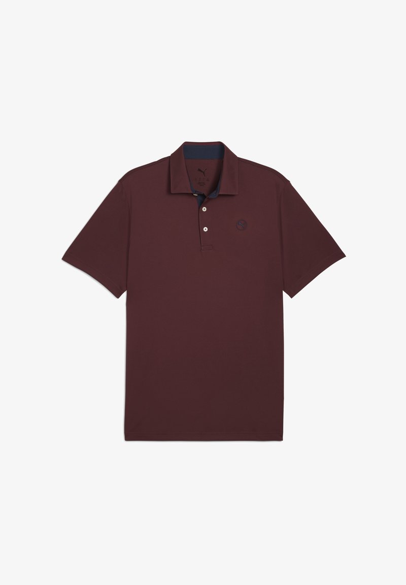 Burgundy polo skjorte med krave og tre knapper, prydet med et lille logo på venstre bryst. Simpelt design, sat mod en hvid baggrund.