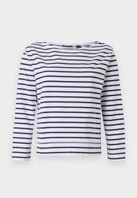 Maglietta a maniche lunghe a righe in bianco e blu navy, con scollo a barca e una vestibilità rilassata. Realizzata in morbido cotone con orli cuciti.