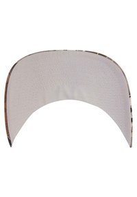 Bøjet skygge med en camouflagemønstret forkant og en solid lys beige underside. Syt detaljer langs kanterne.