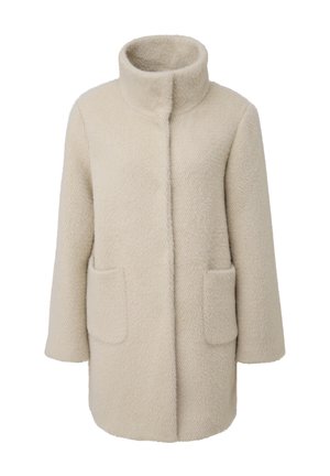 Beige Wollmantel mit hohem Kragen, sichtbaren Nahtdetails, zwei vorderen Taschen und einem strukturierten Stoff in lockerer Passform.