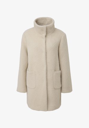 Beige wollen jas met een hoge kraag, zichtbare naden, twee voorkakken en een textiele stof in een losse fit.