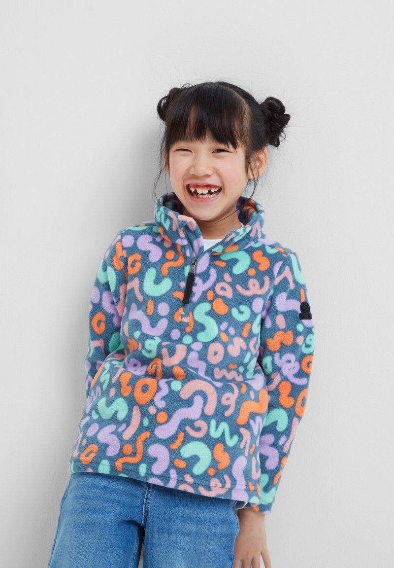 Fleece pullover in blue, featuring colorful abstract patterns in orange, pink, and green. Zip collar and pocket design. Lightweight texture.