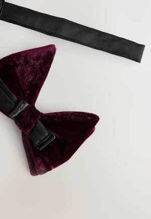 Burgundy velvet bow tie with a black adjustable strap and side clasp, featuring a soft texture and pointed ends.