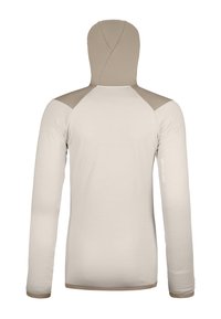 Langarmiger, hellbeiger Kapuzenpullover aus strukturiertem Stoff. Mit braunen Akzenten an den Schultern und Bündchen, sowie einem Logo auf dem linken Ärmel.