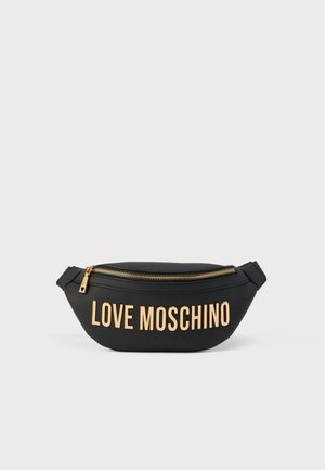 Fekete övtáska szintetikus anyagból, arany cipzárral. Elöl nagy "LOVE MOSCHINO" felirattal és ívelt formával.
