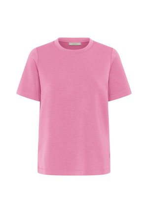 T-shirt femme à manches courtes, col rond, de couleur rose uni, avec un ourlet droit et des détails de couture subtils.