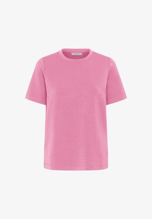 T-shirt femme à manches courtes, col rond, de couleur rose uni, avec un ourlet droit et des détails de couture subtils.