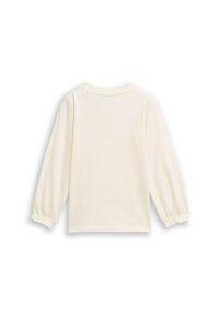 Langsleeve top van zacht, romig wit stof. Eenvoudig ontwerp met een ronde halslijn en elastische mouwen, zonder zichtbare patronen of accenten.
