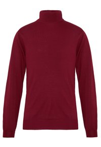 Burgunderfarbener Rollkragenpullover aus weichem Stoff, mit langen Ärmeln, einer figurbetonten Silhouette und geripptem Hals- und Saumabschluss.