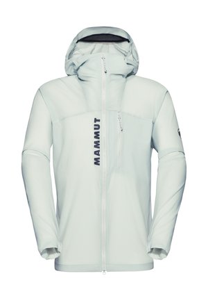 Light blue hooded jacket made of soft fabric, featuring a front zipper, side pocket, and bold black logo on the chest. Smooth texture.