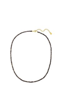 Naszyjnik z koralików składający się z ciemnoszarych kamieni z złotymi akcentami, z zapięciem i regulowanym łańcuszkiem do zmiany rozmiaru.