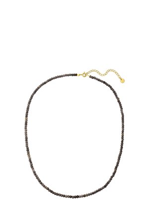 Perlenkette aus dunkelgrauen Steinen mit goldenen Akzenten, ausgestattet mit einem Verschluss und einer verstellbaren Kette für Größenanpassungen.