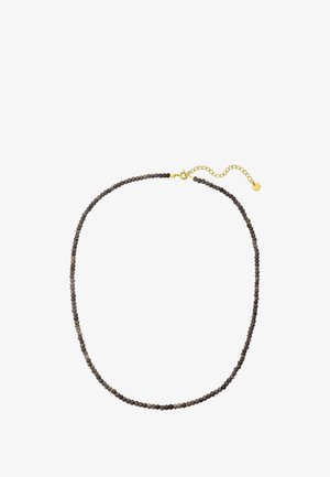 Kralenketting samengesteld uit donkergrijze stenen met gouden accenten, met een sluiting en een verstelbare ketting voor maatvariatie.