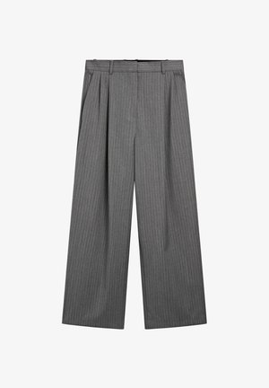 Gray wide-leg trousers with vertical pinstripes, pleated front, and a waistband designed for comfort. Smooth fabric and tailored cut.