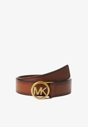 Brunt læderbælte med rund guldfarvet spænde med "MK" logo, rullet med synlige sting på kanterne.