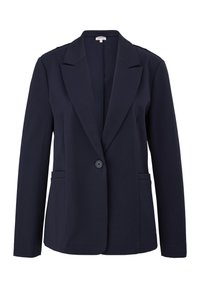 Blazer bleu marine foncé à bouton unique avec revers en encoche, manches longues et poches passepoilées des deux côtés.