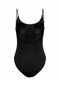 Maillot de bain une pièce noir avec bonnets rembourrés intégrés, bretelles fines réglables et un design lisse et élégant.