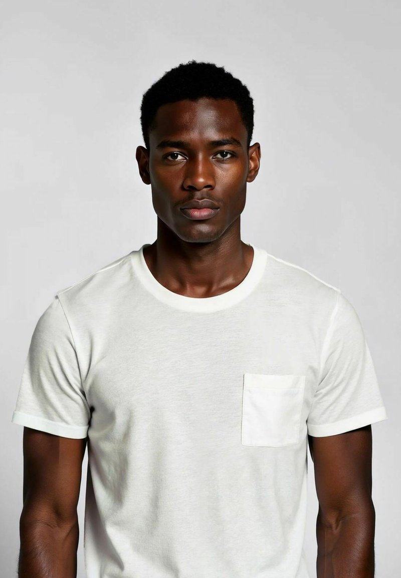T-shirt bianca a girocollo realizzata in tessuto morbido, con una piccola tasca sul petto e maniche ripiegate. Texture liscia e vestibilità classica.