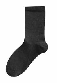 Calcetín negro hecho de un material suave y elástico. Diseño hasta el tobillo con una punta redondeada y talón cerrado. Sin patrones ni acentos visibles.