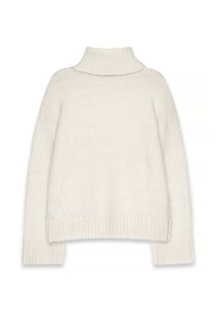 Kremiškai spalvos megztinis su aukšta apykakle, pakabintomis petnešomis, raukšlėtais rankogaliais ir apatine dalimi. Minkšta tekstūra, laisvas siluetas. Minimalistinis dizainas.