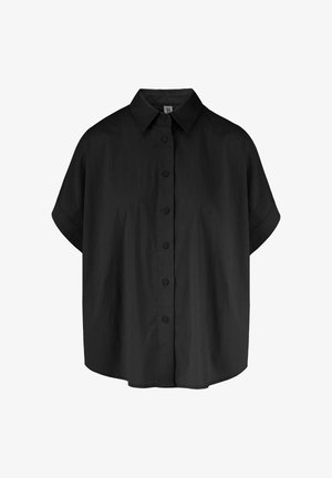 Zwart overhemd met korte mouwen, knopen, puntkraag en losse pasvorm.