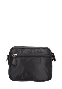 Borsa nera in nylon con forma rettangolare, chiusura a zip singola e una tasca anteriore con zip aggiuntiva. Texture liscia con elementi hardware in argento.