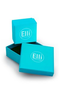 Turkise gaveæsker med en glat overflade, der har et cirkulært logo på fronten, som læser "Elli by Julie & Grace". Én æske er åben.