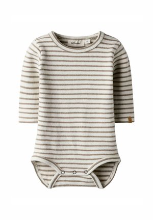 Pruhovaný dlouhý rukáv bodysuit v krémové a taupe barvě, měkká tkanina, zaoblený výstřih, patentky vespod, malá logová nášivka na rukávu.
