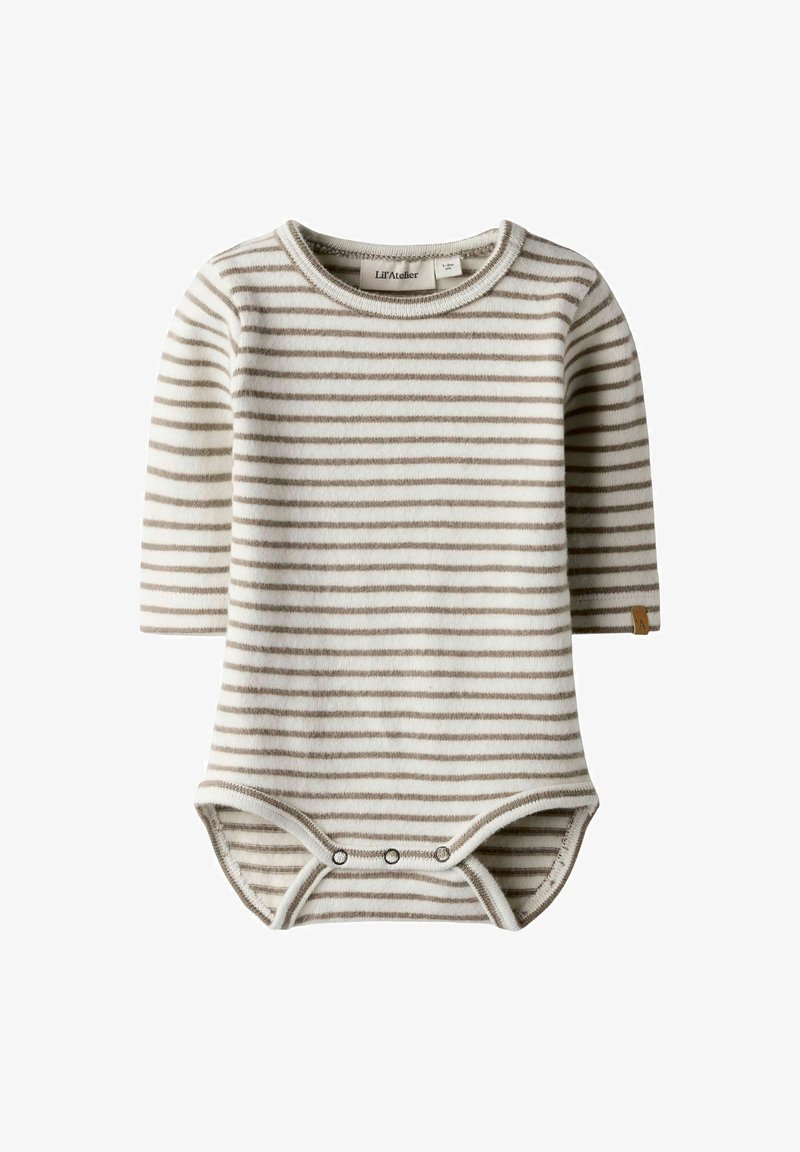 Prugasta bodi s dugim rukavima u krem i taupe boji, mekan materijal, okrugli izrez, kopčanje na dnu, mali logotip na rukavu.