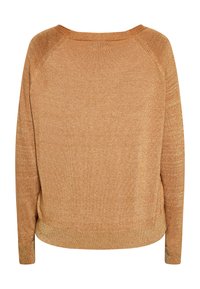 Pulover bronz cu mânecă lungă, cu guler rotund ribbit, tricot texturat și o croială ușor largă, având manșete și tiv înguste.