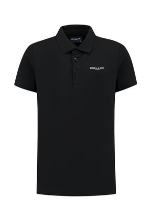 Zwarte poloshirt van katoen, met een kraag, korte mouwen, een knoopsluiting met drie knopen en een wit logo op de linkerkant van de borst.