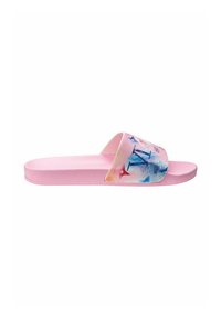 Roze slide sandaal met een gestructureerde zool. De band heeft een aquarelpatroon in blauw, roze en oranje met decoratieve details.