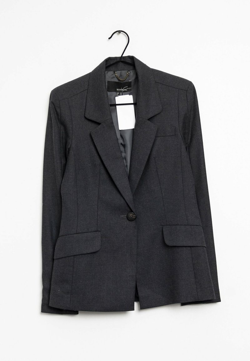 Dunkelgrauer Blazer aus strukturiertem Stoff, mit Reverskragen, zwei Vorder pockets, einem Ein-Knopf-Verschluss und einem taillierten Schnitt.