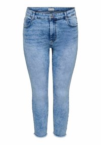 Gaiši zili džinsi ar pieguļošu dizainu, ar vidēju jostas vietu, piecām kabatām un plīstošām apakšmalām pie potītēm.