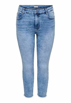 Světle modré džíny z denimu s přiléhavým střihem, mají středně vysoký pas, pět kapes a třepené lemy u kotníků.