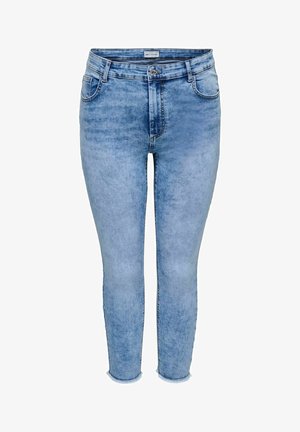 Lyseblå denimjeans med en tettsittende design, med middels høy midje, fem lommer og raftekanter ved ankelen.